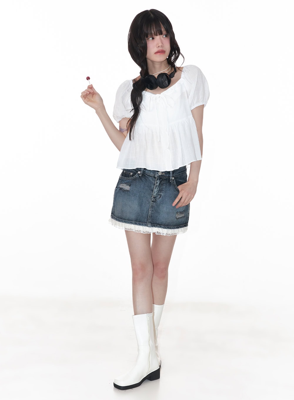 Lace-Trim Distressed Denim Mini Skirt CY521